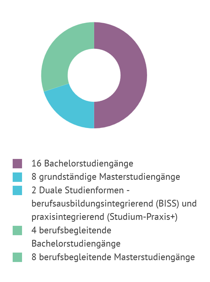Kreisdiagramm mit folgender Aufteilung: 16 Bachelorstudiengänge, 8 grundständige Masterstudiengänge, 2 Duale Studienformen - berufsausbildungsintegrierend (BISS) und praxisintegrierend (Studium-Praxis+), 4 berufsbegleitende Bachelorstudiengänge, 8 berufsbegleitende Masterstudiengänge